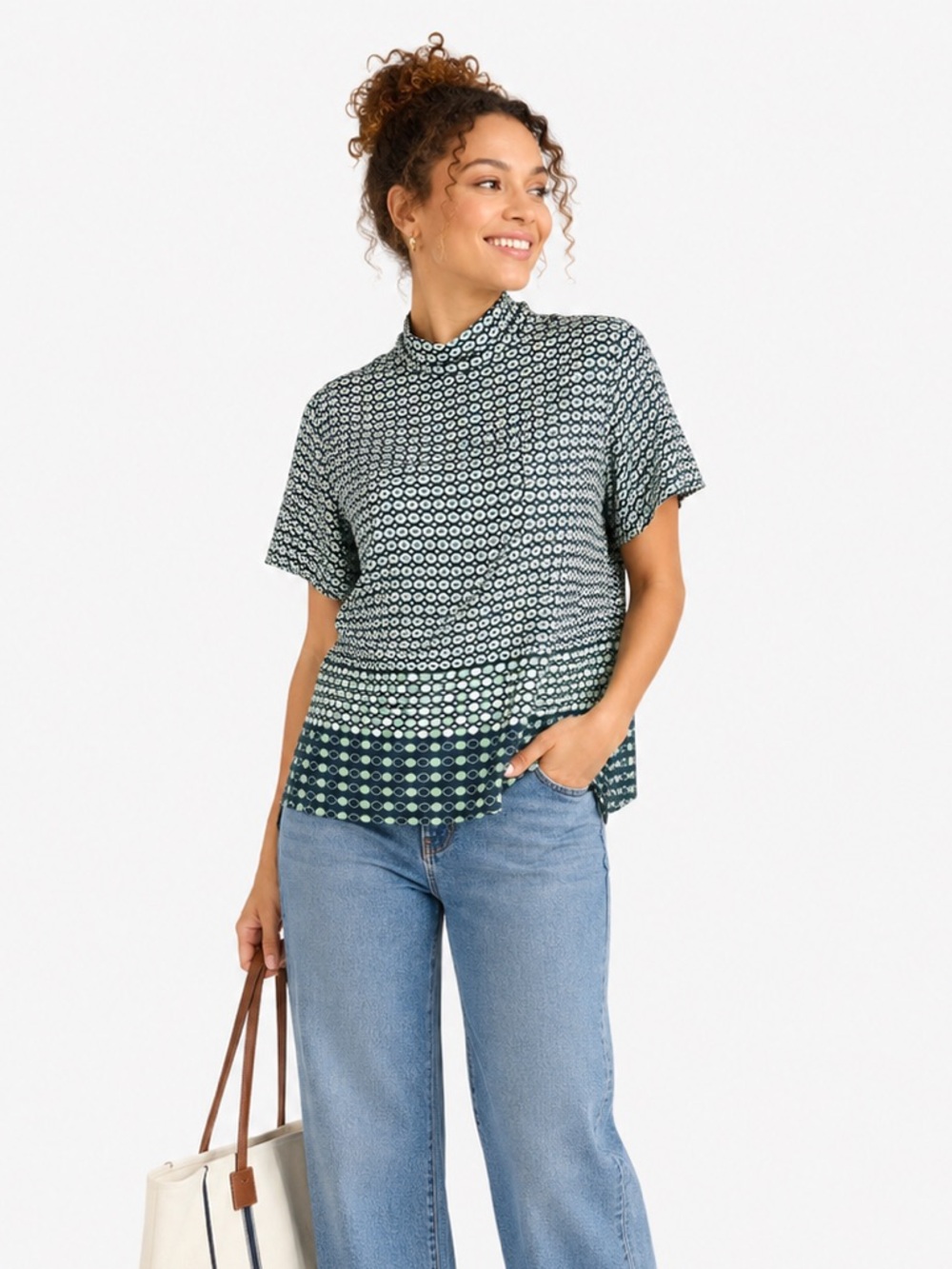 Zara Green Abstract Print Tie Neck Blouse Short Sleeve XL Contemporary